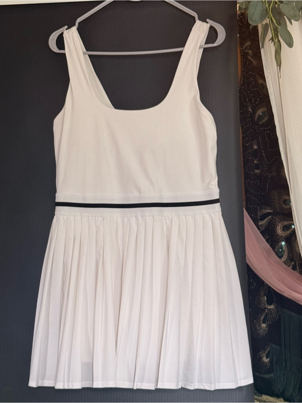 White Sleeveless Pleated Tennis / Golf Dress with Navy Waist Trim built in Skort